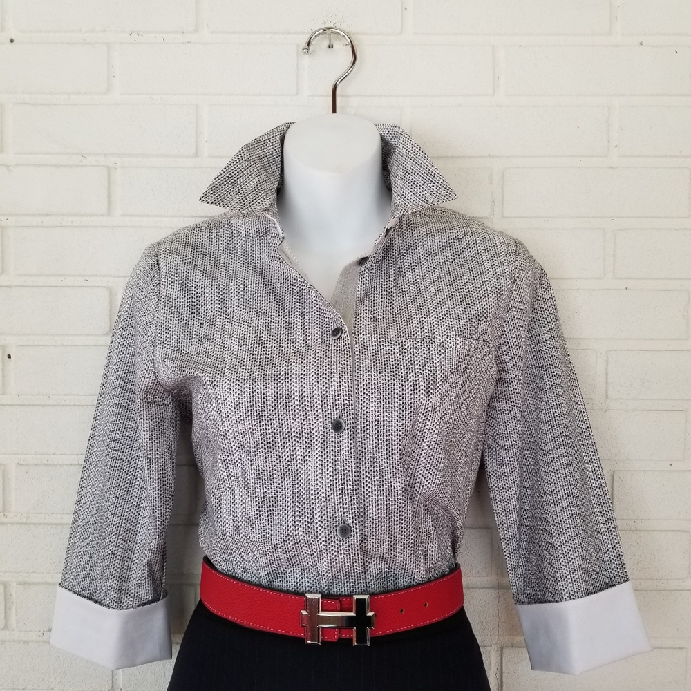 Lafayette 148 New York Black and White Patterned Button-Up Blouse